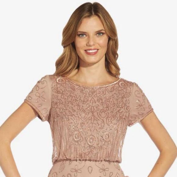 ADRIANNA PAPELL SHORT SLEEVE BLOUSON BEADED GOWN IN ROSE GOLD - Picture 3 of 14